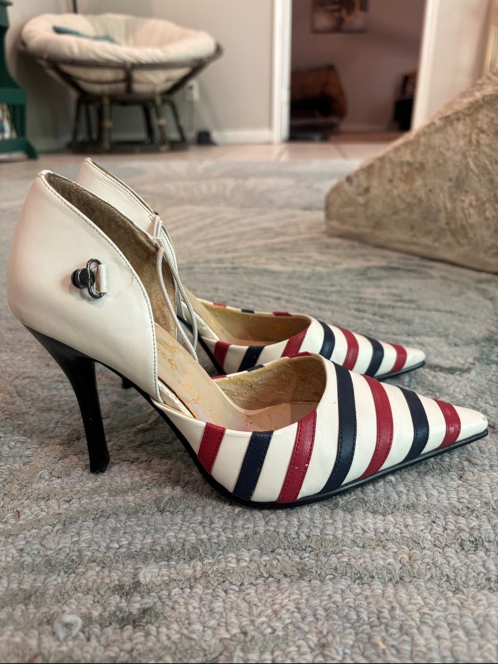 N.Y.L.A. Striped Pointed-Toe Ankle-Strap Pumps - White/Red/Navy